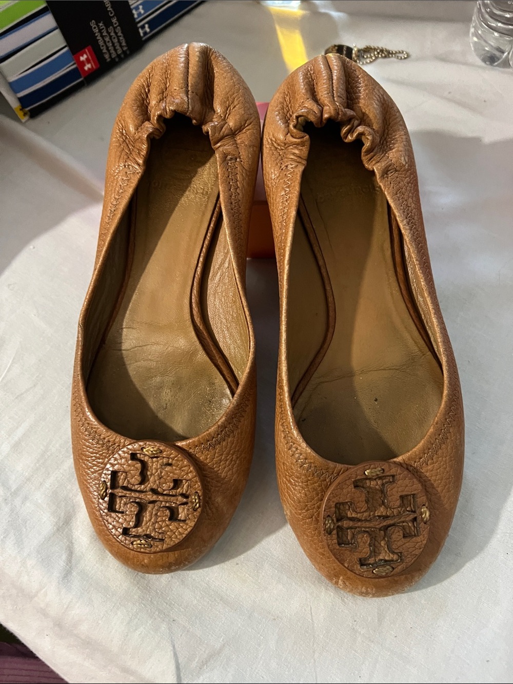 Tory Burch Cognac Leather Logo Ballet Flats